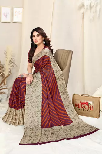 Wine Chiffon Laheriya Print  Saree With Unstitched Blouse Piece
