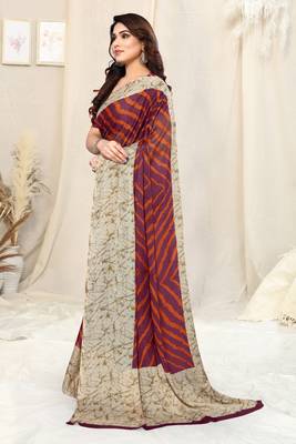 Wine Chiffon Laheriya Print  Saree With Unstitched Blouse Piece 3