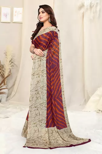 Wine Chiffon Laheriya Print  Saree With Unstitched Blouse Piece