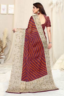 Wine Chiffon Laheriya Print  Saree With Unstitched Blouse Piece 4