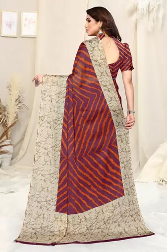 Wine Chiffon Laheriya Print  Saree With Unstitched Blouse Piece
