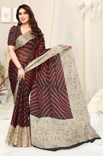Black Chiffon Laheriya Print  Saree With Unstitched Blouse Piece
