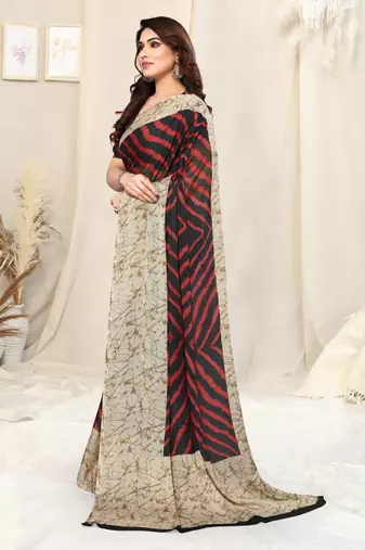 Black Chiffon Laheriya Print  Saree With Unstitched Blouse Piece