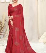 Red Chiffon Self Print Foil Print Work  Saree With Unstitched Blouse Piece