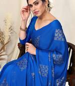 Royal blue chiffon self foil print work  saree with unstitched blouse piece