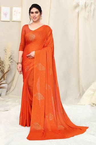 Orange Chiffon Self Foil Print Work  Saree With Unstitched Blouse Piece