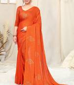 Orange Chiffon Self Foil Print Work  Saree With Unstitched Blouse Piece