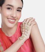 Women Gold-Plated White Kundan & Pearl Studded Three Fingers Ring Bracelet