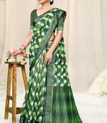 Off White Cotton Blend Geometric Print Satin Border Saree With Unstitched Blouse Piece