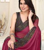 Pink chiffon solid / warli warli printed border saree with unstitched blouse piece