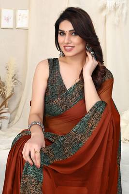 Rust chiffon solid / warli warli printed border saree with unstitched blouse piece 1