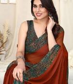 Rust chiffon solid / warli warli printed border saree with unstitched blouse piece