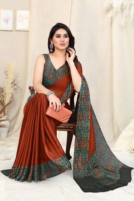 Rust chiffon solid / warli warli printed border saree with unstitched blouse piece 2
