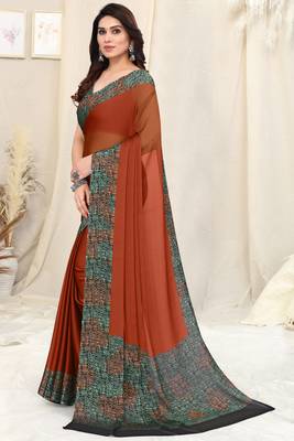 Rust chiffon solid / warli warli printed border saree with unstitched blouse piece 3