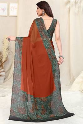 Rust chiffon solid / warli warli printed border saree with unstitched blouse piece 4