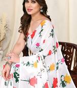 White georgette floral print saree with unstitched blouse piece