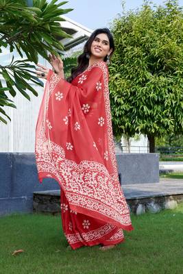 Coral chiffon batik print saree with unstitched blouse piece 1