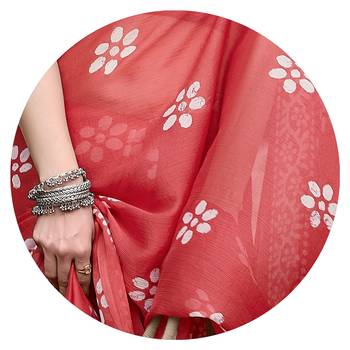 Coral chiffon batik print saree with unstitched blouse piece 5