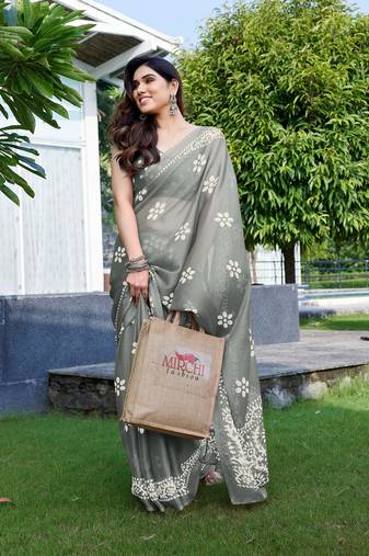Dark grey chiffon batik print saree with unstitched blouse piece