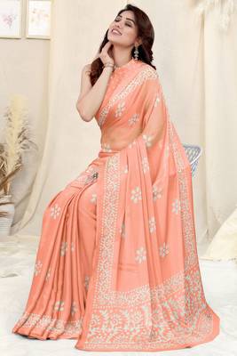 Pastel orange chiffon batik print saree with unstitched blouse piece 2