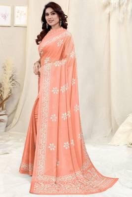 Pastel orange chiffon batik print saree with unstitched blouse piece 3