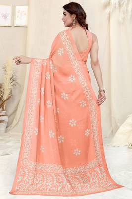Pastel orange chiffon batik print saree with unstitched blouse piece 4