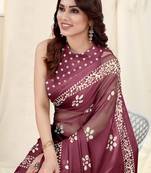 Wine Chiffon Batik Print Saree With Unstitched Blouse Piece
