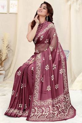 Wine Chiffon Batik Print Saree With Unstitched Blouse Piece 2