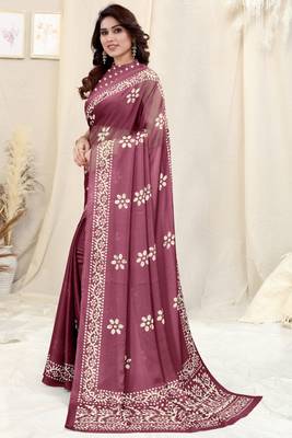 Wine Chiffon Batik Print Saree With Unstitched Blouse Piece 3