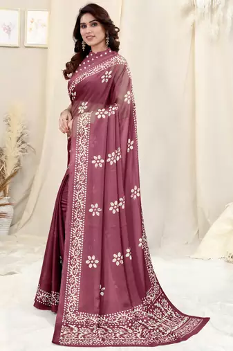 Wine Chiffon Batik Print Saree With Unstitched Blouse Piece