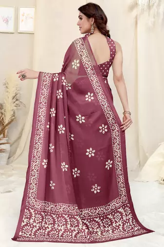 Wine Chiffon Batik Print Saree With Unstitched Blouse Piece
