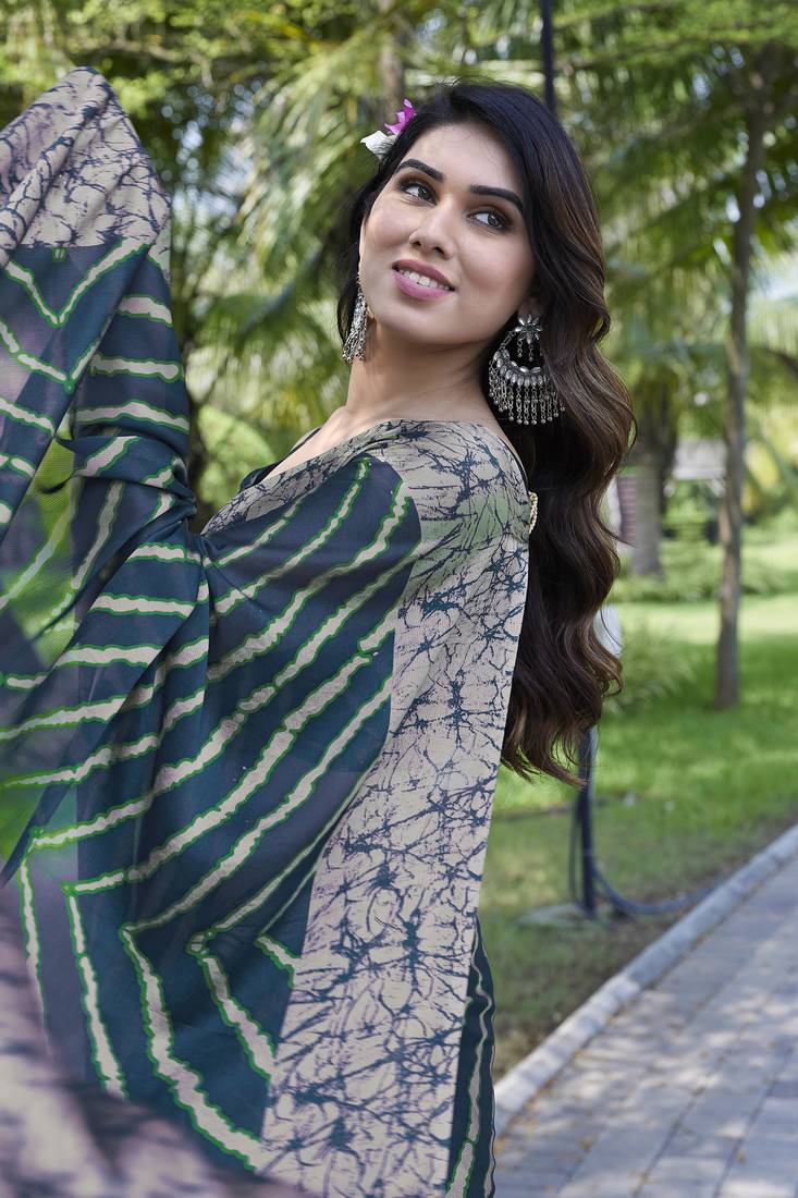 Dark Teal Chiffon Leheriya Abstract Print  Saree With Unstitched Blouse Piece