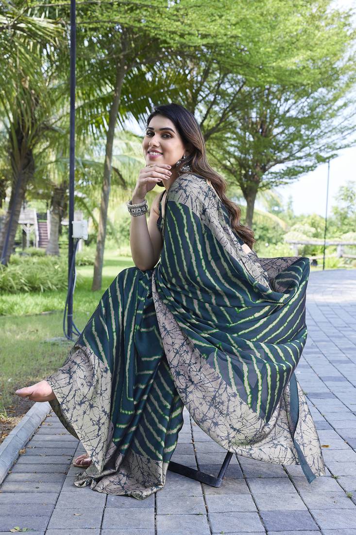 Dark Teal Chiffon Leheriya Abstract Print  Saree With Unstitched Blouse Piece