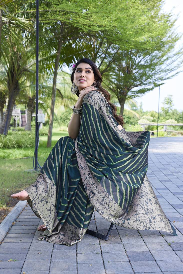 Dark Teal Chiffon Leheriya Abstract Print  Saree With Unstitched Blouse Piece