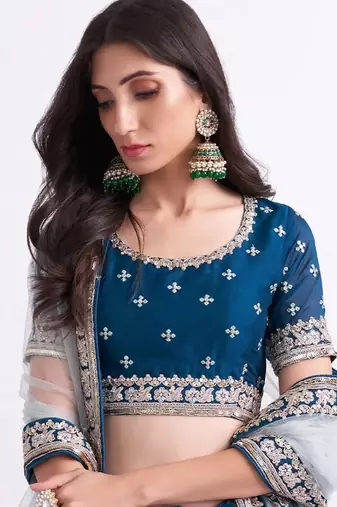 Light Blue Embroidered Semi Stitched Zari Work and Thread Work Lehenga Choli