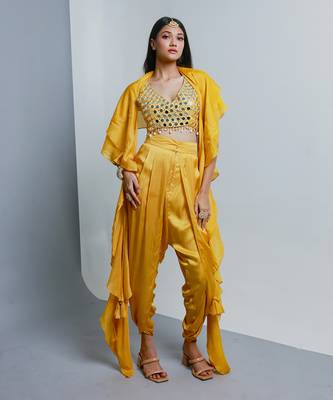 Yellow embroidered dhoti set 1