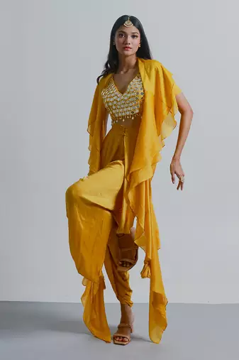 Yellow embroidered dhoti set