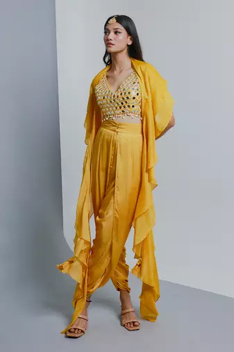 Yellow embroidered dhoti set