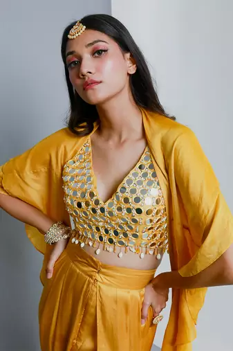 Yellow embroidered dhoti set