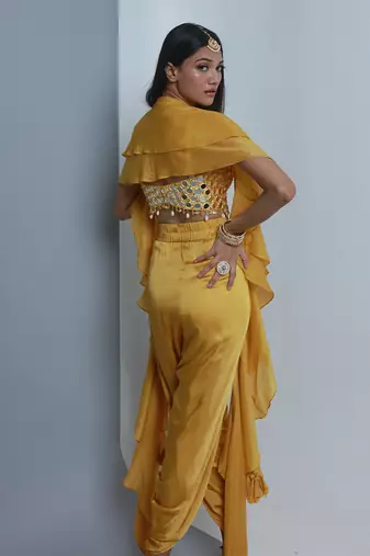 Yellow embroidered dhoti set