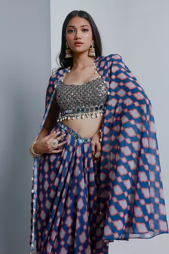 Denim blue cape and skirt set