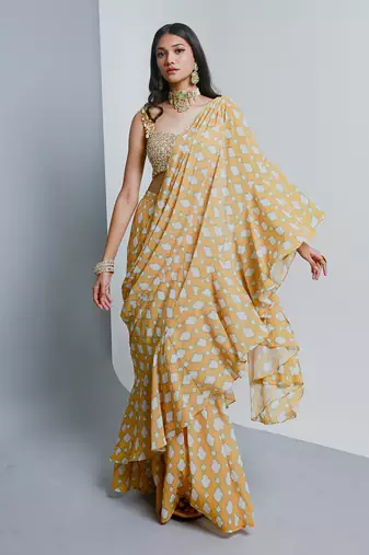 Yellow ruffle saree