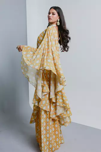 Yellow ruffle saree