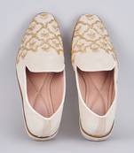 Off white embroidered slip on loafers