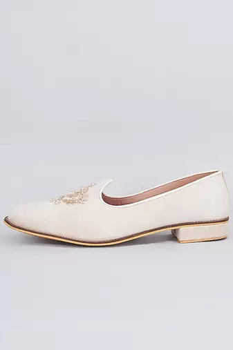 Off white embroidered suede slip on juttis