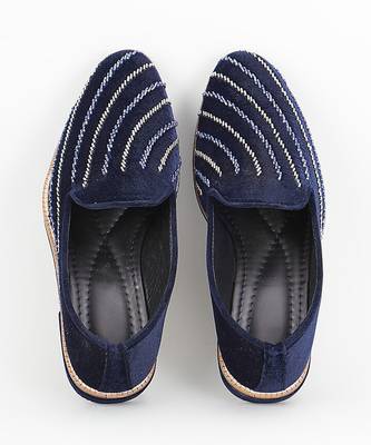 Royal blue embroidered suede slip on loafers 1