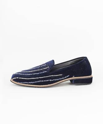 Royal blue embroidered suede slip on loafers 2