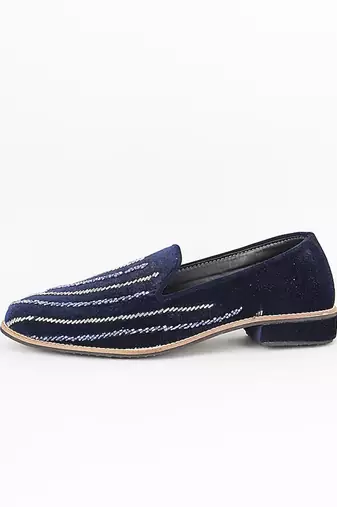 Royal blue embroidered suede slip on loafers