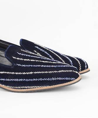 Royal blue embroidered suede slip on loafers 3