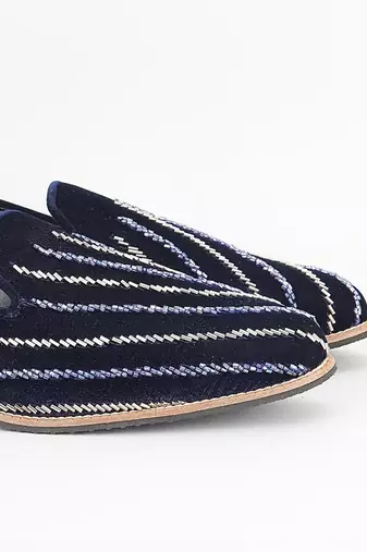 Royal blue embroidered suede slip on loafers
